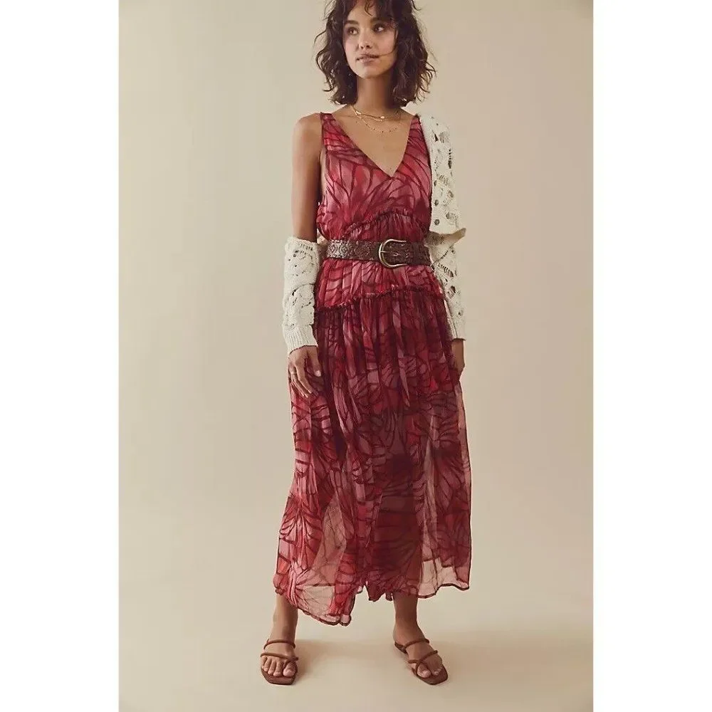 NWT FREE PEOPLE Sz XL JULIANNA MAXI DRESS TIERED PRINTED MAXI SUNSET
